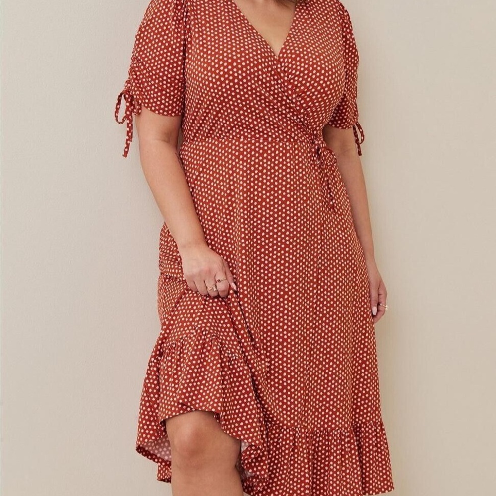 Torrid - Studio Knit Midi Cross Dress, Oxide Brown with White Polka Dots, Size00 - Picture 11 of 11